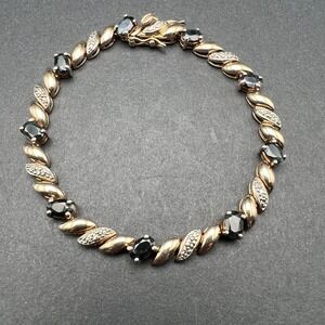 Vintage‎ Tennis Bracelet Sterling Silver Gold Tone Blue Stones Safety Clasp